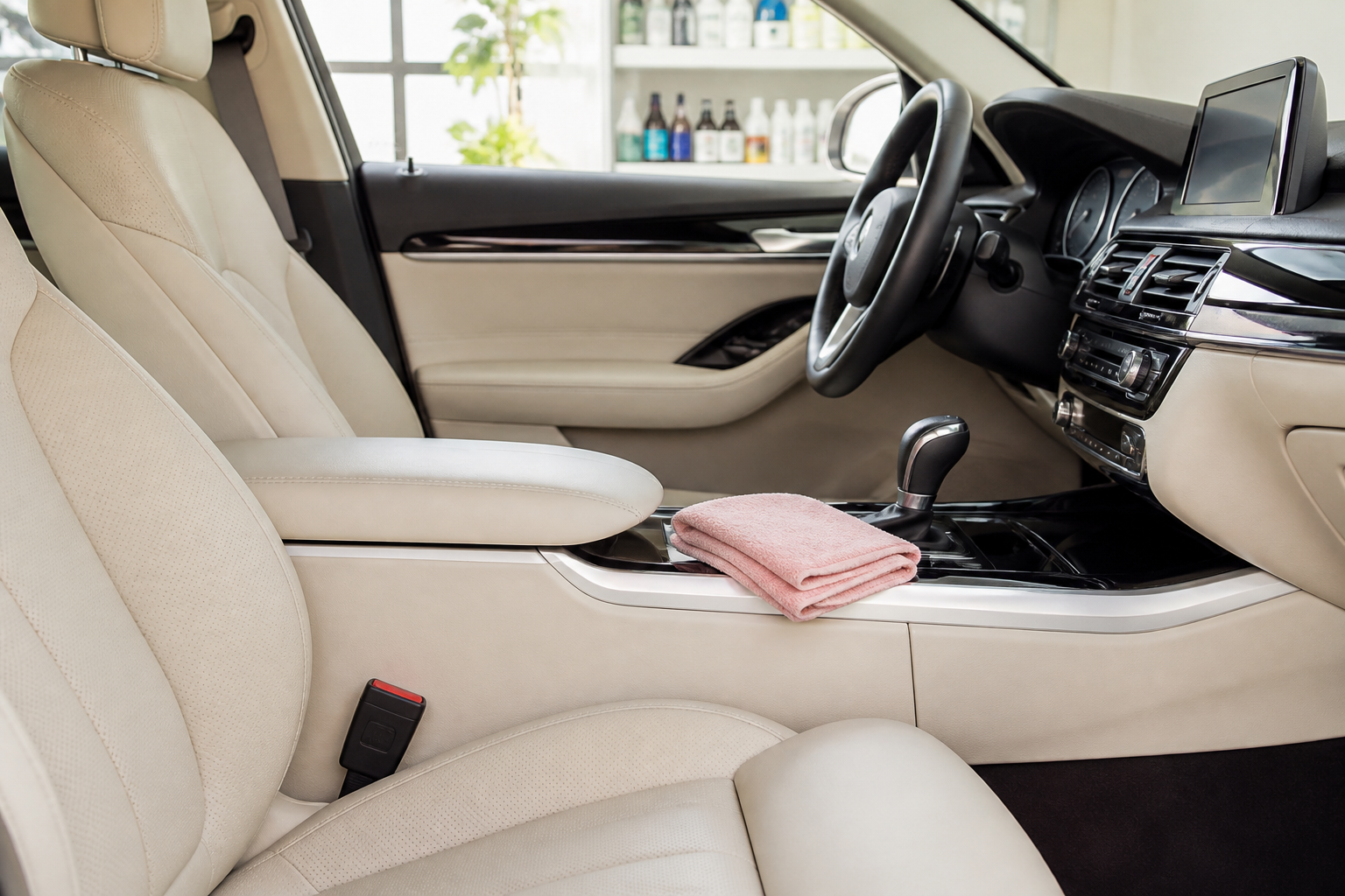 Freshly detailed cream leather car interior with a soft pink microfiber cloth